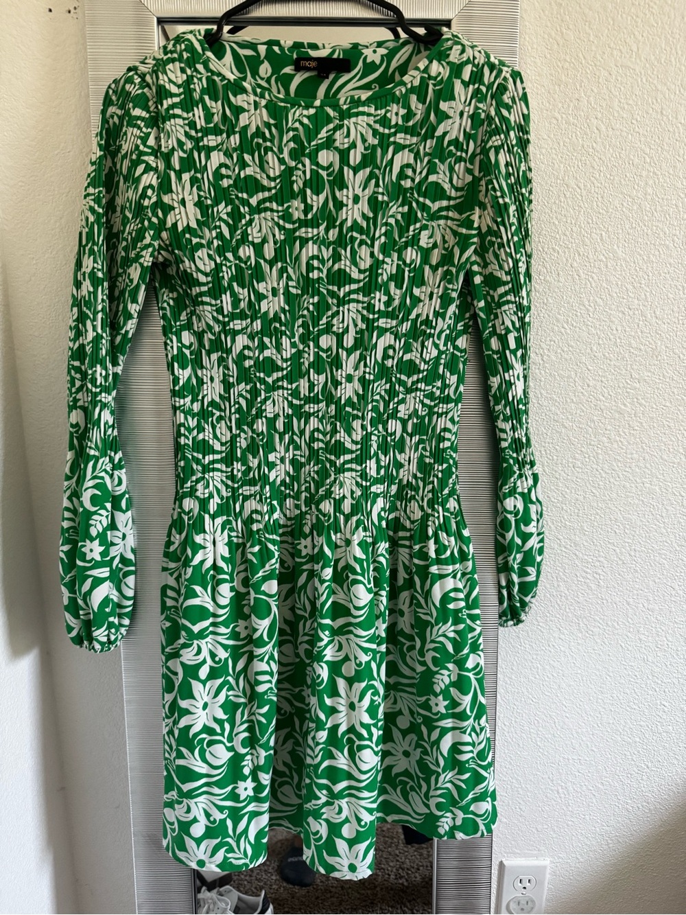 Maje Green and White Floral Smocked Long-Sleeve Dress